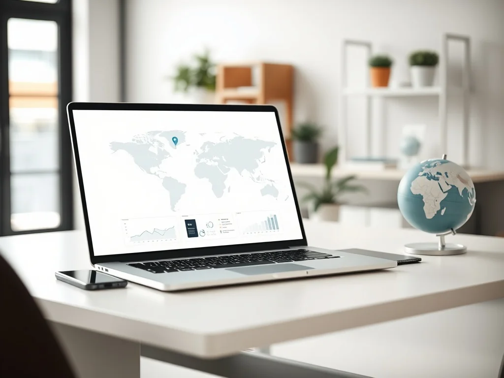 Laptop z mapą świata i pinezkami lokalizacji, obok smartfon i globus, symbolizujące międzynarodowe pozycjonowanie stron.