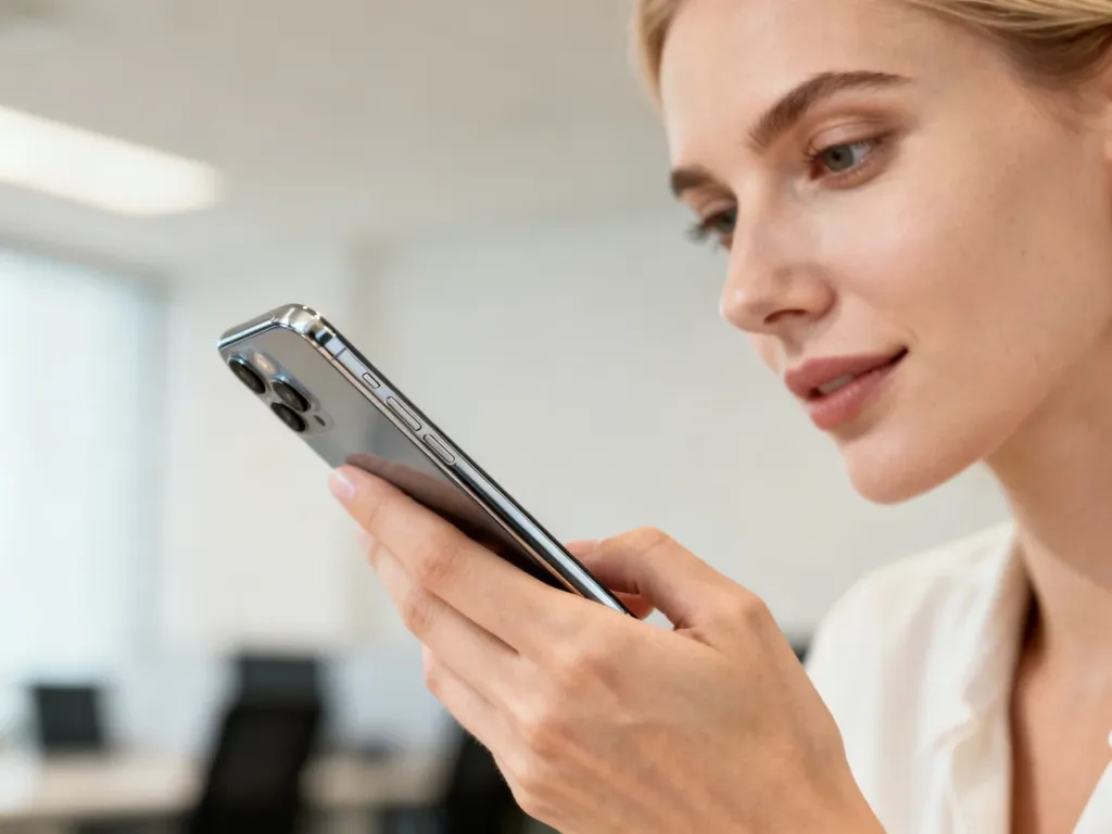 Kobieta trzyma w dłoni elegancki smartfon iPhone XS Max, prezentując jego nowoczesny design i szklaną obudowę.
