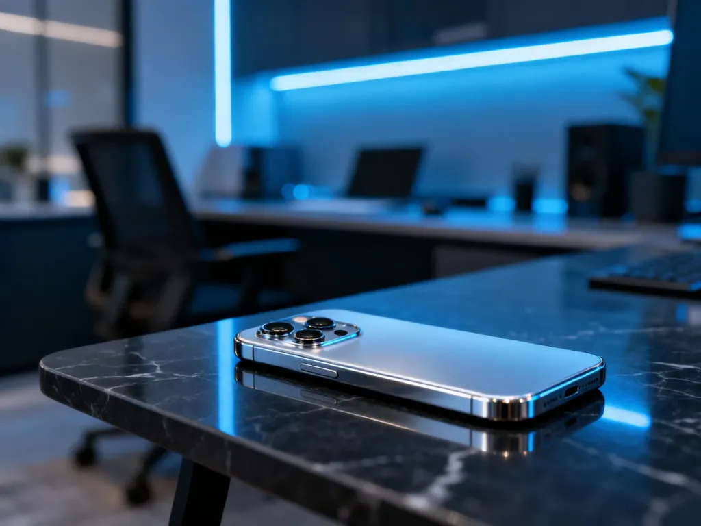 Elegancki smartfon Xiaomi 15 leżący na marmurowym biurku z wyeksponowanym modułem aparatu w nowoczesnym wnętrzu.