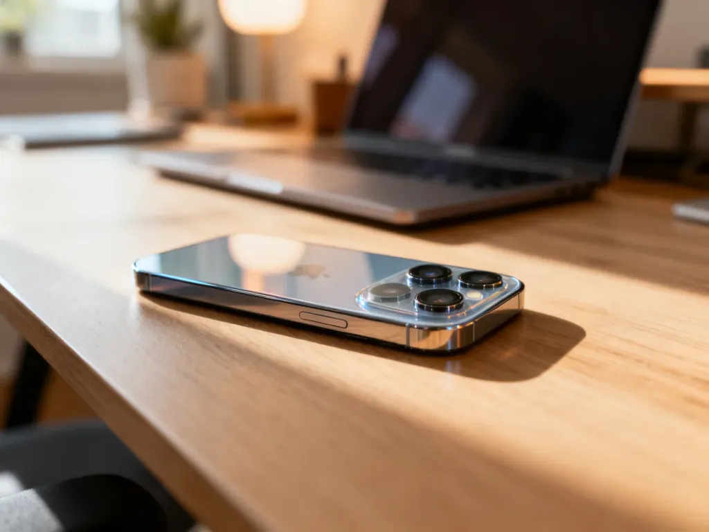 iPhone 14 leżący na drewnianym biurku w domowym biurze, wyeksponowany tył urządzenia z aparatem.