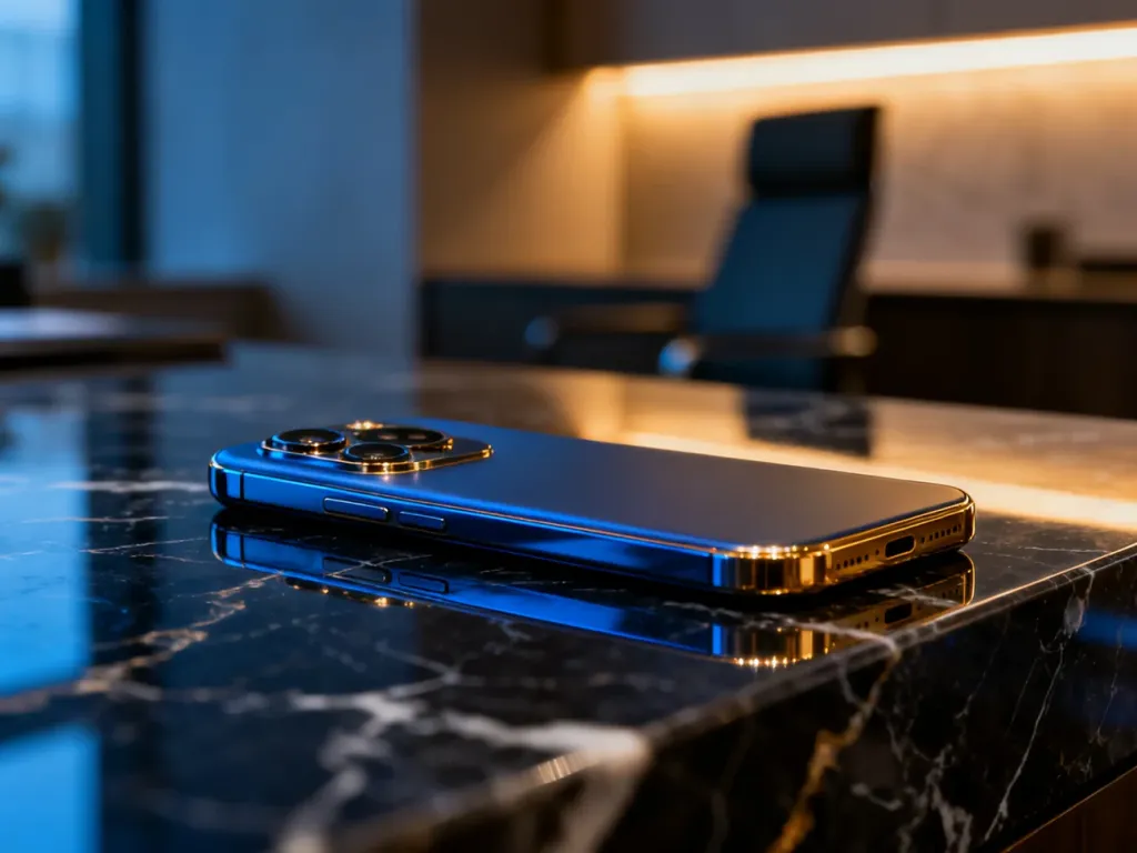 Elegancki smartfon Huawei Pura 80 Ultra z zaawansowanym modułem aparatu na ciemnym, marmurowym blacie w nowoczesnym biurze.
