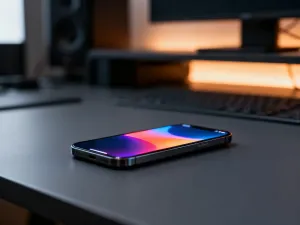 Kobieta trzymająca w dłoni nowoczesny smartfon Samsung Galaxy A14 z kolorową grafiką na ekranie.