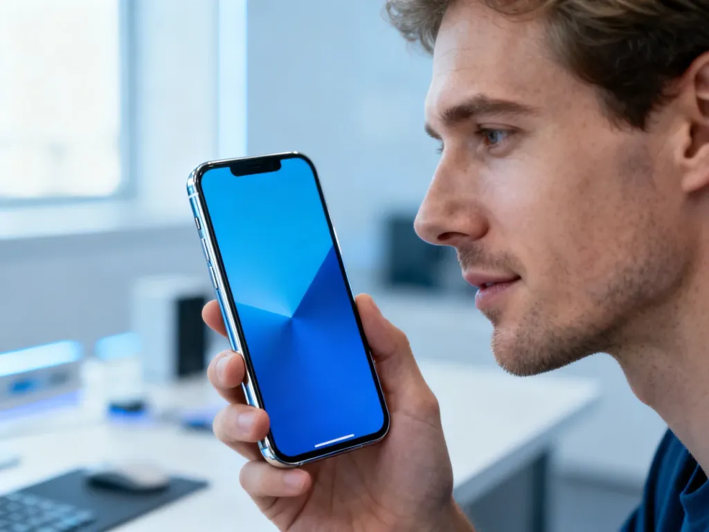 Mężczyzna trzymający w dłoni nowoczesny smartfon Redmi 15c z wyraźnym, kolorowym ekranem w jasnym biurze.