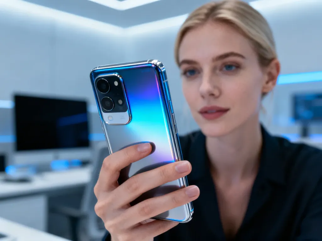 Kobieta trzymająca nowoczesny smartfon Redmi Note 14 Pro z wyraźnie widocznym modułem aparatu i jasnym ekranem.