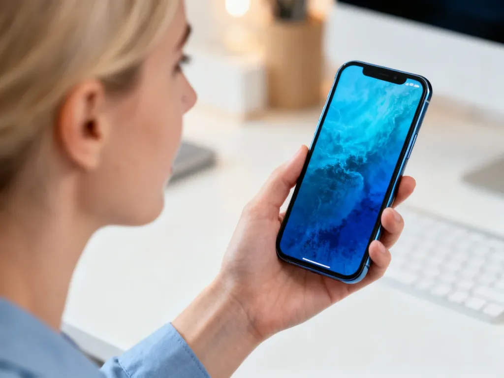 Kobieta trzymająca nowoczesny smartfon Samsung z wyraźnym, kolorowym wyświetlaczem na tle minimalistycznego biura.