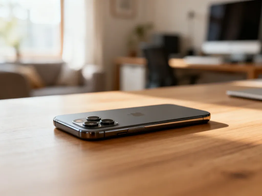 Samsung Galaxy A35 leżący na drewnianym biurku w minimalistycznym biurze domowym.