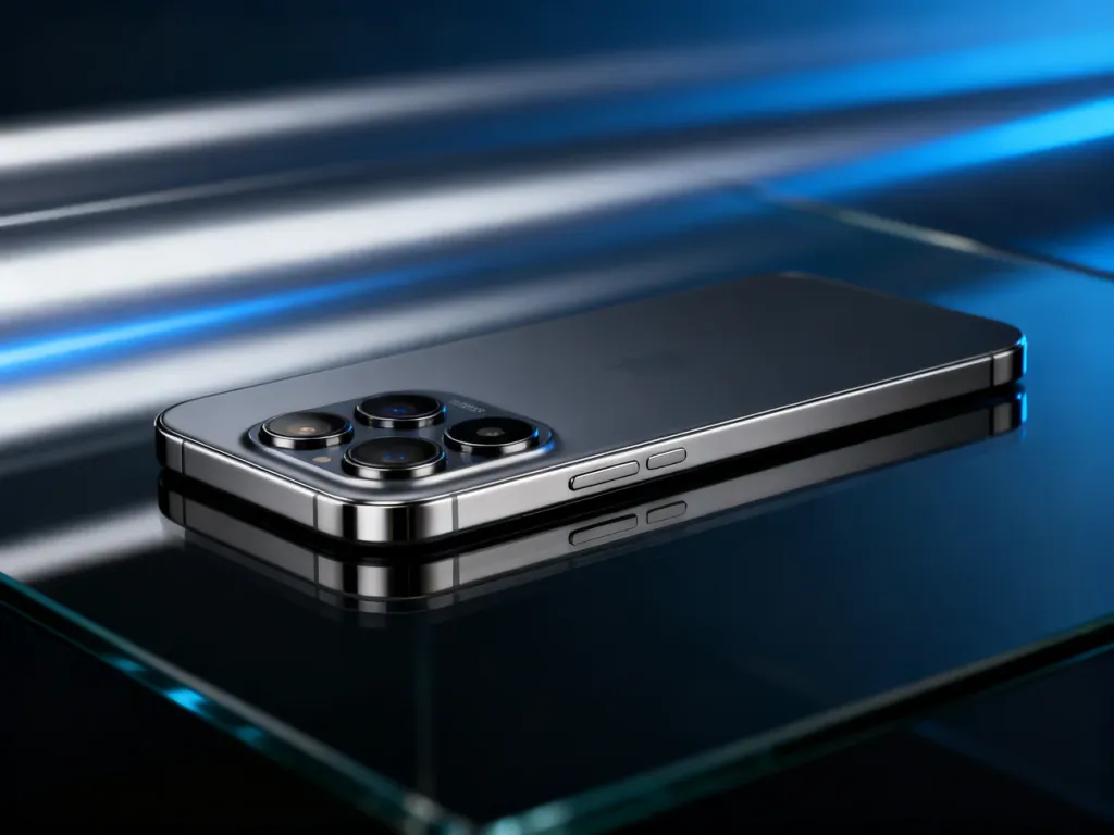 Elegancki smartfon Samsung Galaxy S25 Ultra z tytanową ramką na ciemnym, lustrzanym podłożu w nowoczesnej oprawie świetlnej.