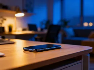 Smartfon Samsung M12 leżący na minimalistycznym drewnianym biurku w jasnym, domowym biurze.