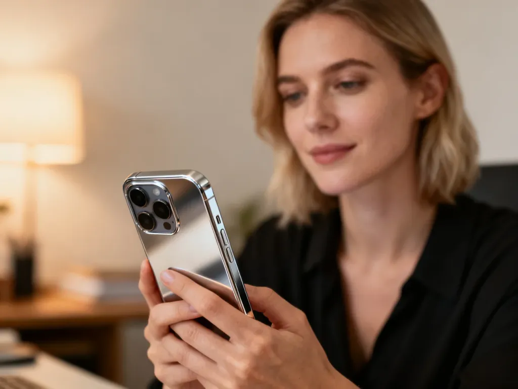 Kobieta trzymająca nowoczesny smartfon Samsung Galaxy S24 z wyraźnym wyświetlaczem w minimalistycznym biurze.