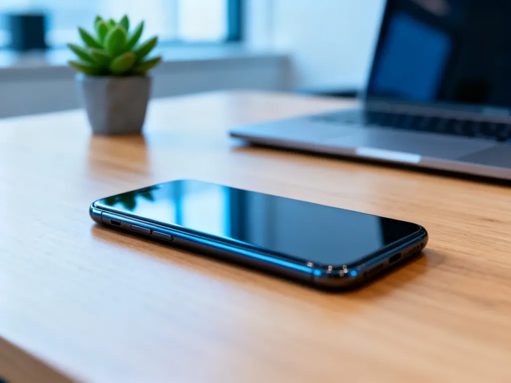 Smartfon Samsung S22 leżący na minimalistycznym drewnianym biurku w nowoczesnym domowym biurze.