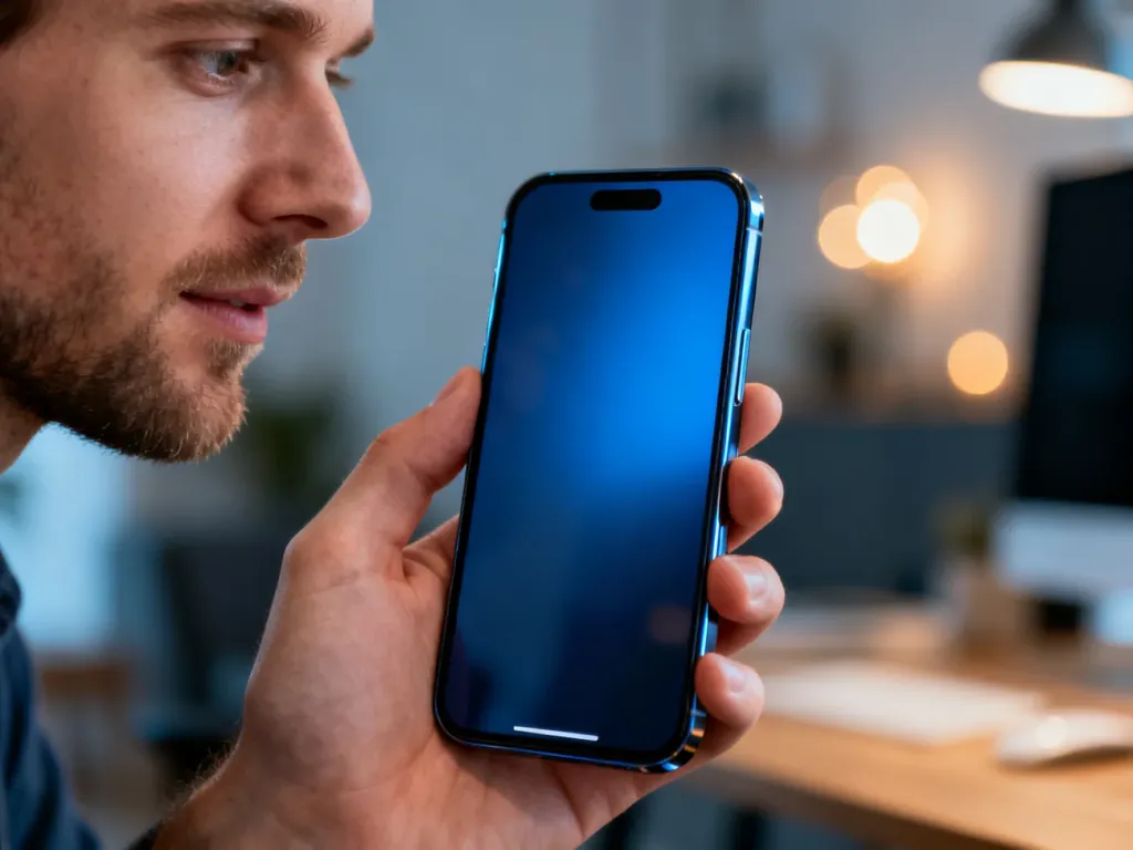 Mężczyzna trzymający w dłoni nowoczesny smartfon Poco F5 z wyraźnym wyświetlaczem na tle domowego biura.
