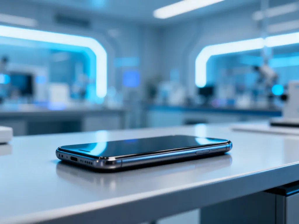 Nowoczesny smartfon Honor na metalowym biurku w futurystycznym otoczeniu laboratorium.