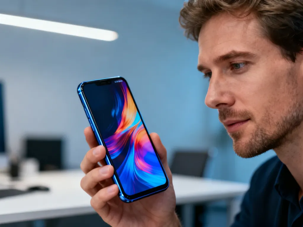 Nowoczesny smartfon Motorola g72 z kolorową tapetą trzymany w dłoni na tle minimalistycznego biura.
