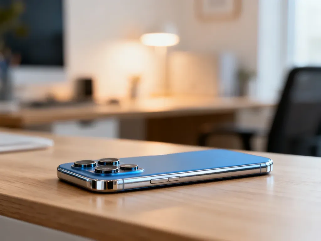 Samsung Galaxy S24 FE leżący na drewnianym biurku, ukazujący nowoczesny design i detale obiektywów aparatu.