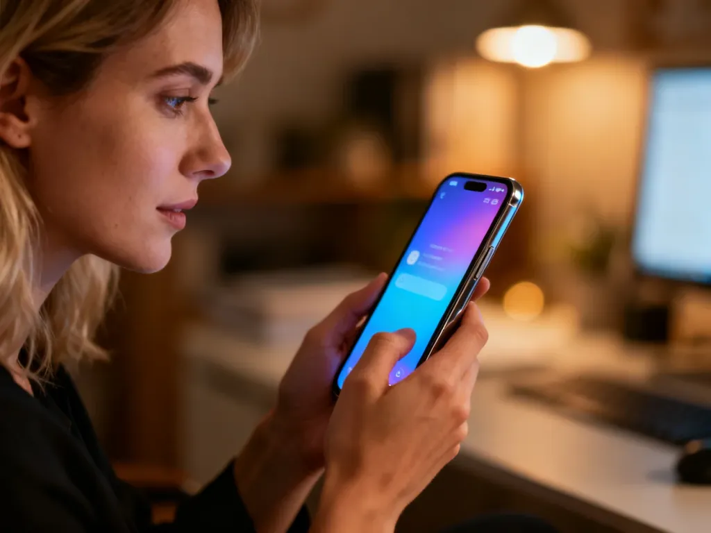 Kobieta trzymająca w dłoni nowoczesny smartfon Redmi Note 11 z podświetlonym ekranem w domowym biurze.