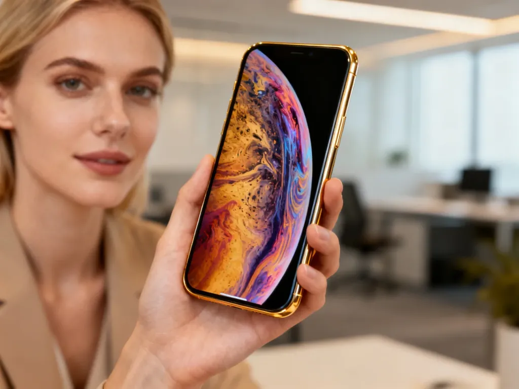 Elegancki smartfon Oppo Reno 6 trzymany w dłoni na tle nowoczesnego biura, prezentujący kolorową tapetę na ekranie.