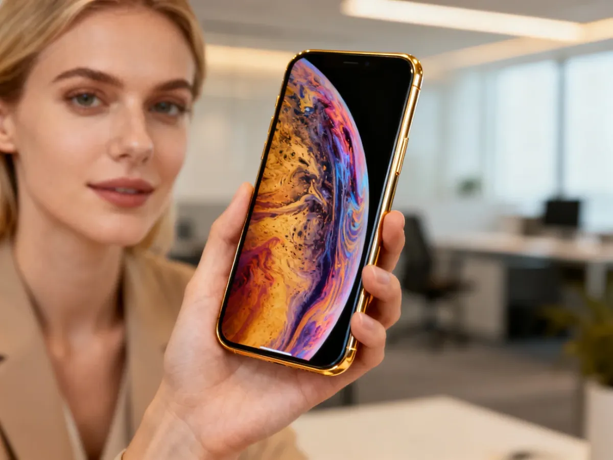 Elegancki smartfon Oppo Reno 6 trzymany w dłoni na tle nowoczesnego biura, prezentujący kolorową tapetę na ekranie.