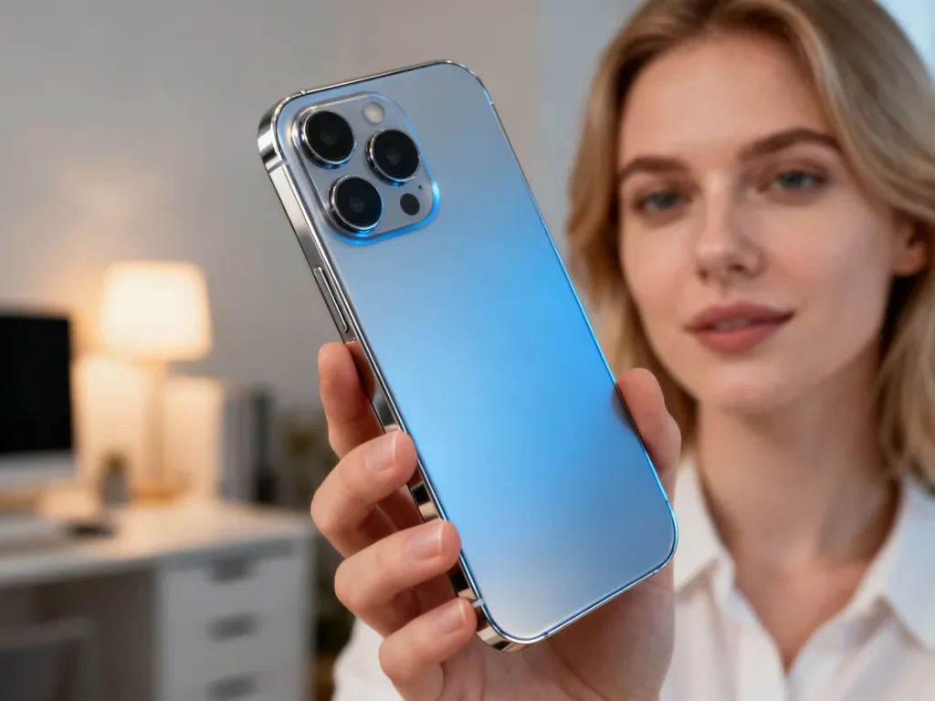 Elegancki smartfon Samsung Galaxy A55 z potrójnym aparatem trzymany w dłoni na tle nowoczesnego domowego biura.
