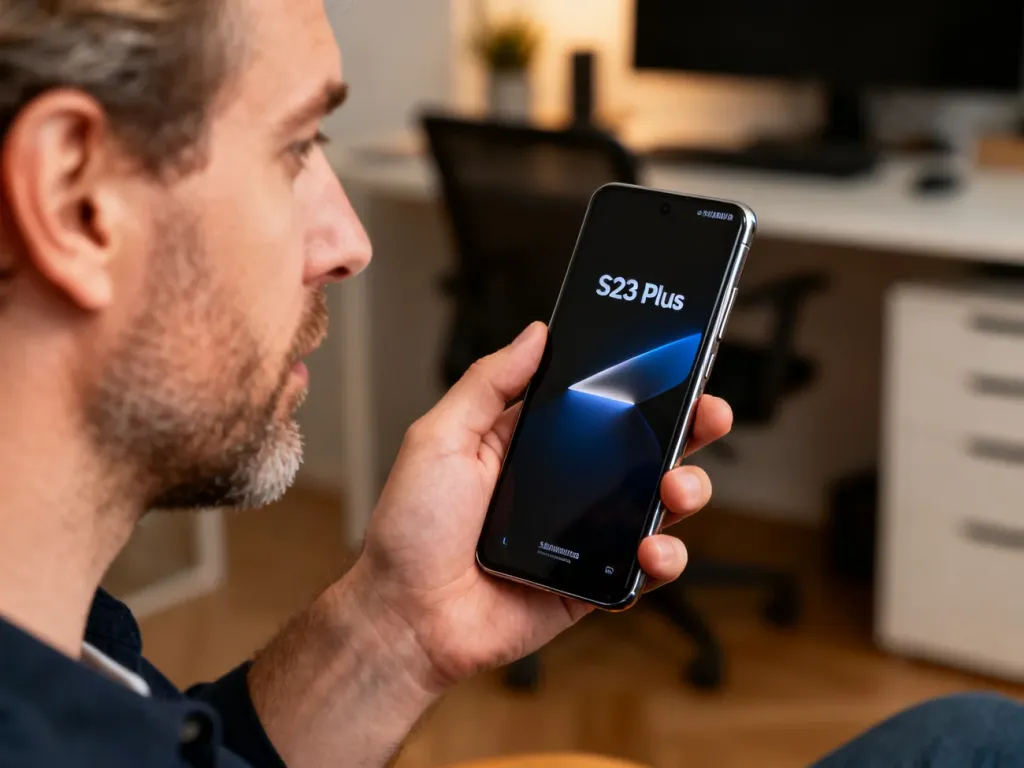 Mężczyzna trzymający w dłoni nowoczesny smartfon Samsung S23 Plus z wyraźnym ekranem w minimalistycznym biurze.