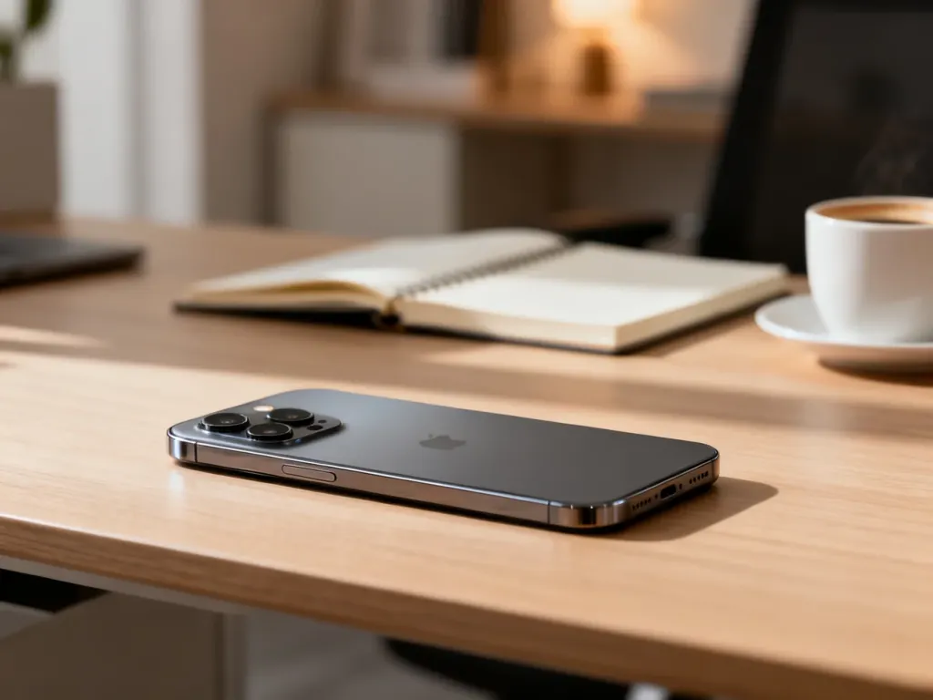 Smartfon Oppo A15 leżący na drewnianym biurku w nowoczesnym domowym biurze. Widok na minimalistyczny design i moduł aparatu.