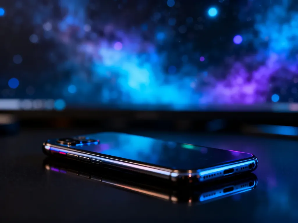 Nowoczesny smartfon Galaxy S26 Ultra na ciemnym, błyszczącym podłożu na tle kosmicznej mgławicy.