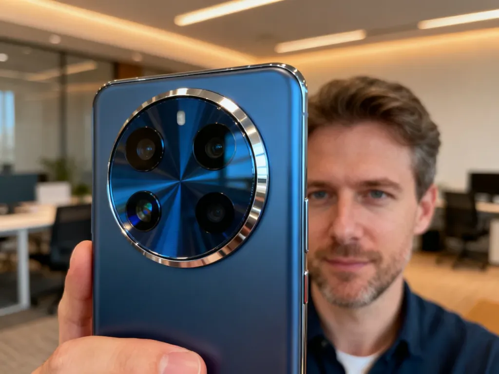 Mężczyzna trzyma smartfon Vivo X100 Pro, eksponując duży, okrągły moduł aparatu w nowoczesnym biurowym wnętrzu.