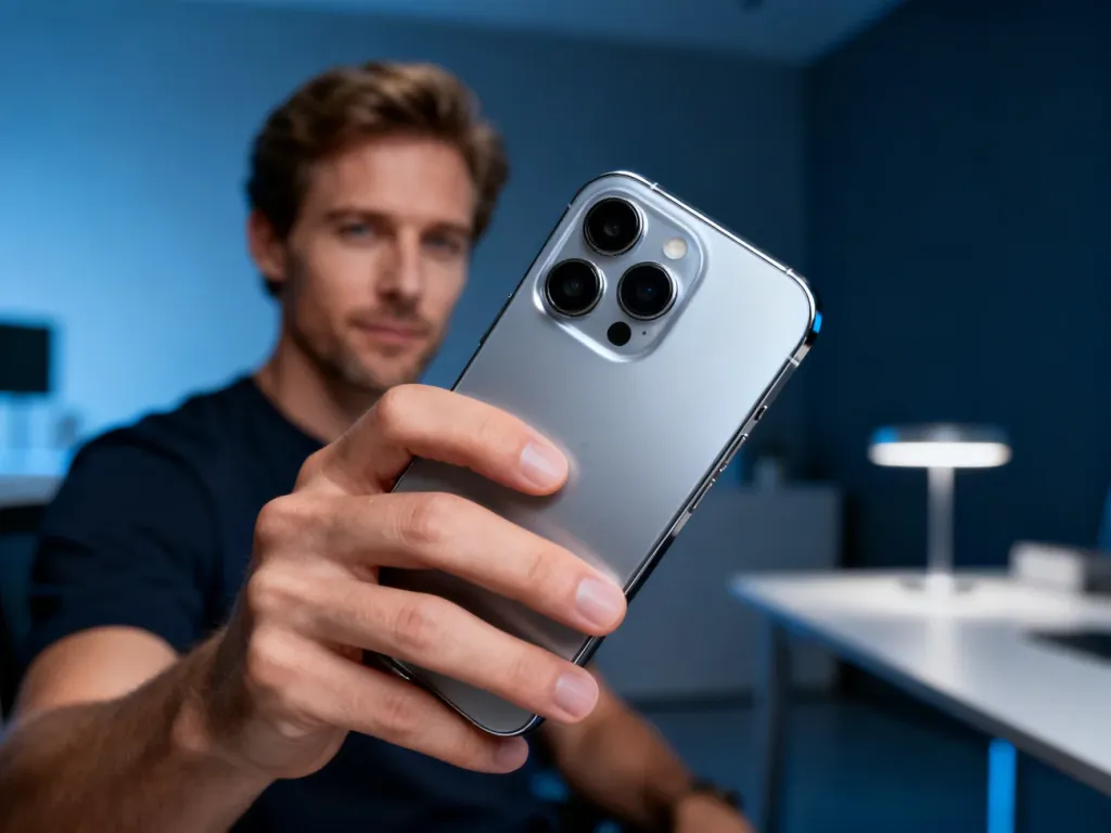 Mężczyzna trzymający w dłoni iPhone’a 16 Pro z wyraźnie wyeksponowanym systemem aparatów w nowoczesnym biurze.