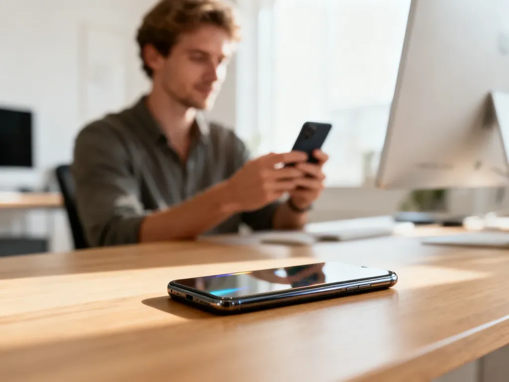 Samsung Galaxy A54 leżący na drewnianym biurku w nowoczesnym biurze domowym.
