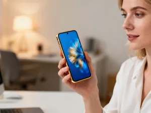 Nowoczesny smartfon Samsung Galaxy w dłoniach użytkowniczki na tle profesjonalnego biura.