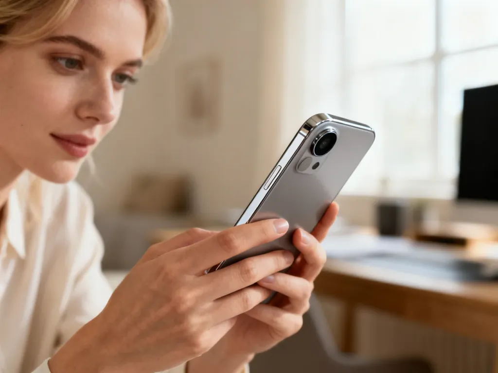 Kobieta trzymająca nowoczesny smartfon w minimalistycznym domowym biurze, eksponująca design i aparat urządzenia.