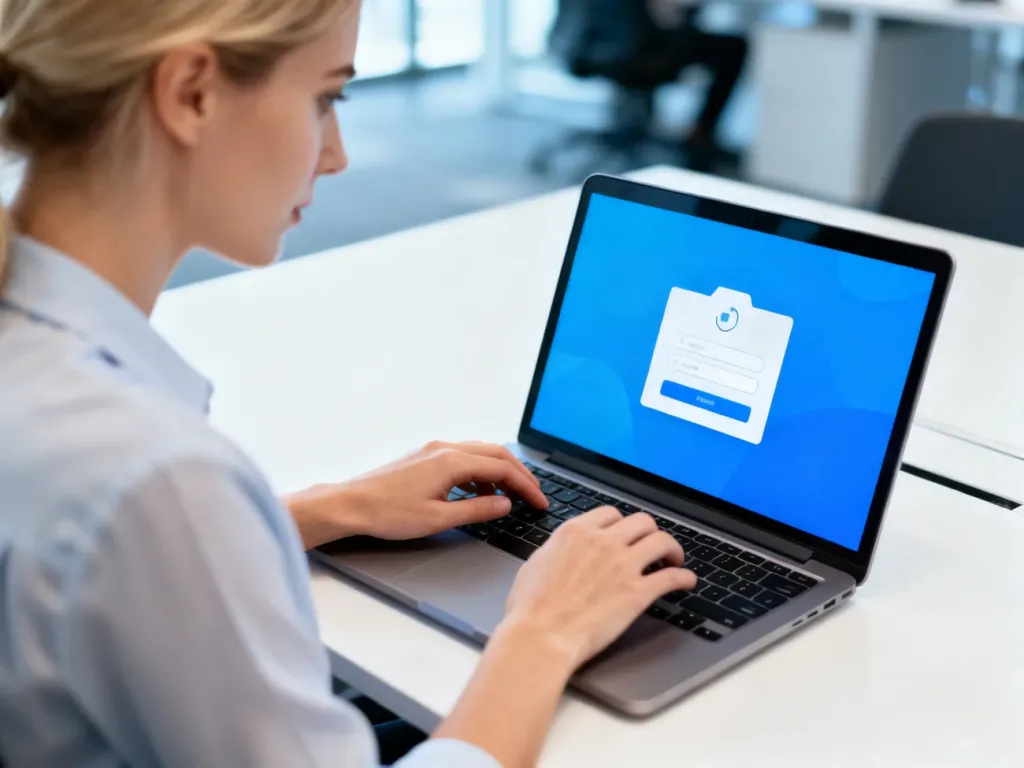 Pracownik obsługujący nowoczesny laptop z widocznym interfejsem logowania w jasnym, biurowym wnętrzu.