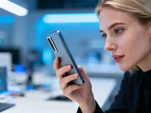 Mężczyzna trzyma Nothing Phone 1 z charakterystycznymi podświetlanymi paskami LED na przezroczystej obudowie.