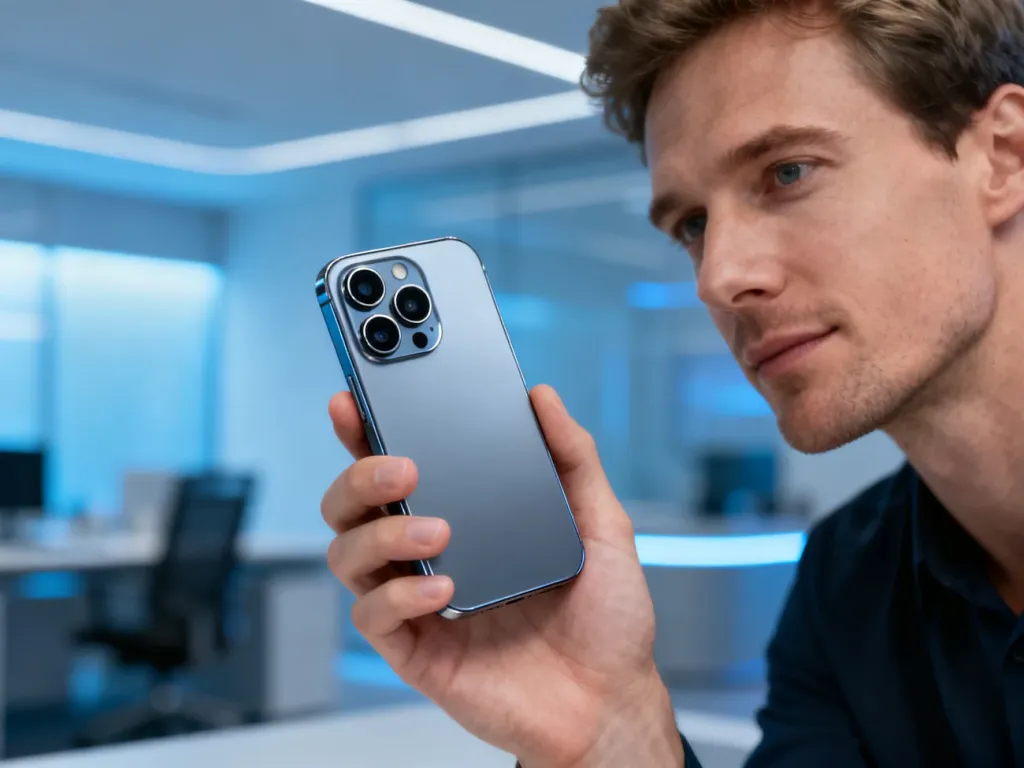 Mężczyzna trzymający smartfon Sony Xperia 1 V z wyraźnie wyeksponowanym potrójnym aparatem w nowoczesnym biurowym wnętrzu.