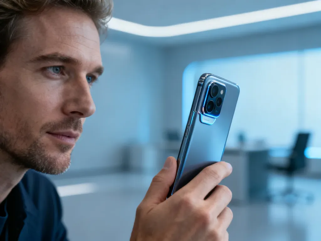 Elegancki smartfon Oppo Find X9 Pro trzymany w dłoni na tle nowoczesnego biura, prezentujący zaawansowany moduł aparatu.