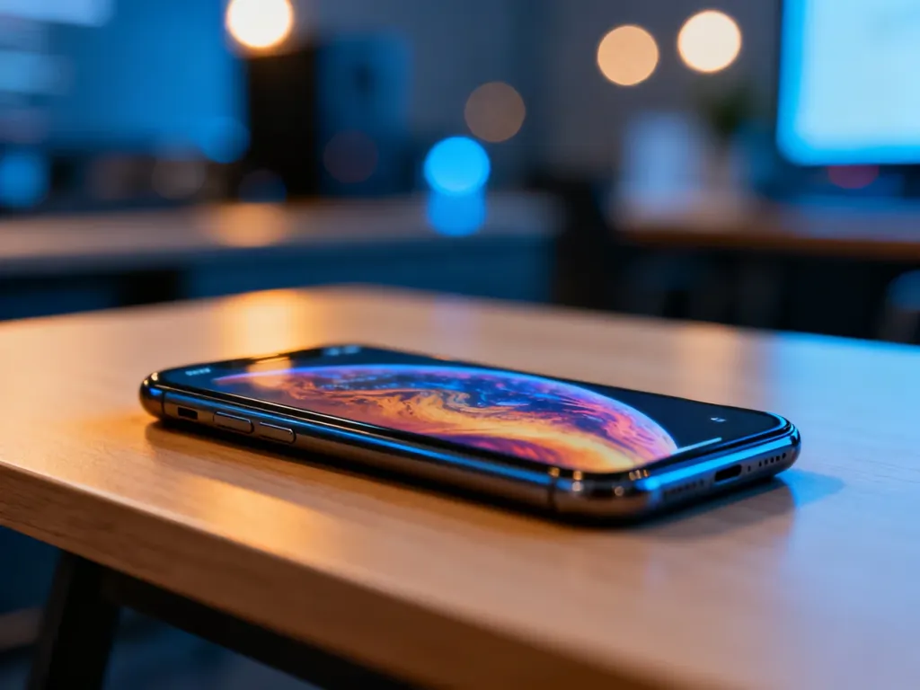 Smartfon Xiaomi Redmi Note 7 leżący na minimalistycznym drewnianym biurku z kolorową tapetą na ekranie.