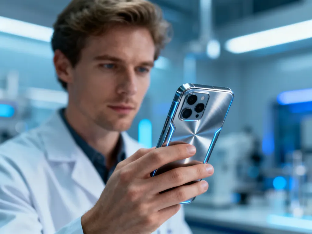 Mężczyzna trzymający w dłoni nowoczesny smartfon S25 Edge na tle futurystycznego laboratorium.