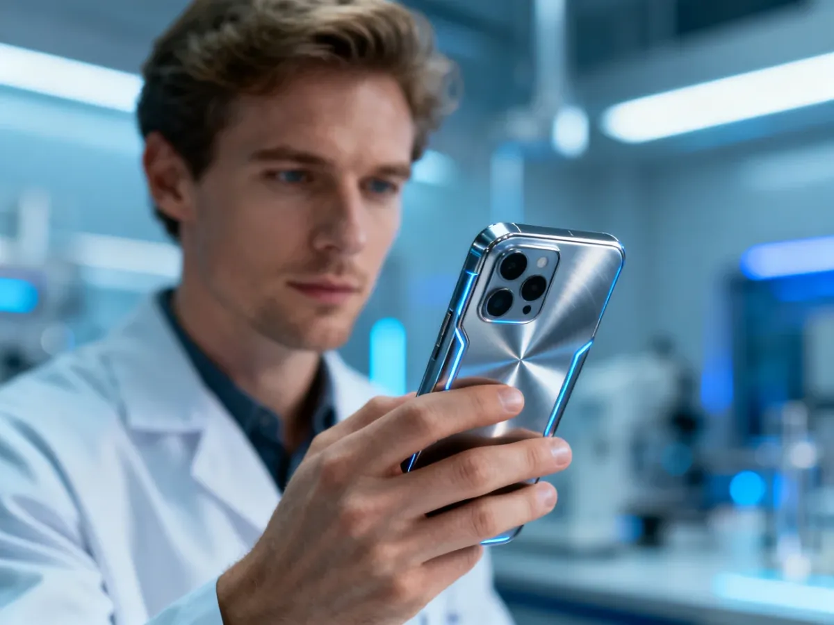 Mężczyzna trzymający w dłoni nowoczesny smartfon S25 Edge na tle futurystycznego laboratorium.