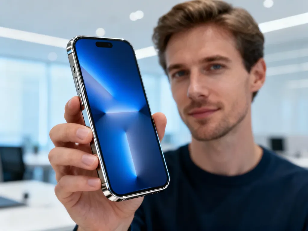 Mężczyzna trzymający Samsunga Galaxy S24 Ultra z tytanową ramką w nowoczesnym biurze.