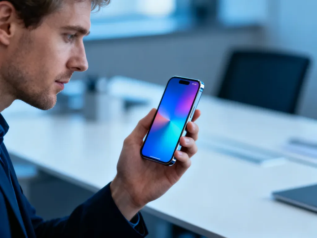 Mężczyzna trzymający w dłoni nowoczesny smartfon Samsung Galaxy S24 z wyraźnym, kolorowym wyświetlaczem.