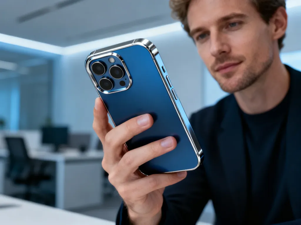 Mężczyzna trzymający nowoczesny smartfon z tytanową obudową i potrójnym aparatem w minimalistycznym biurze.