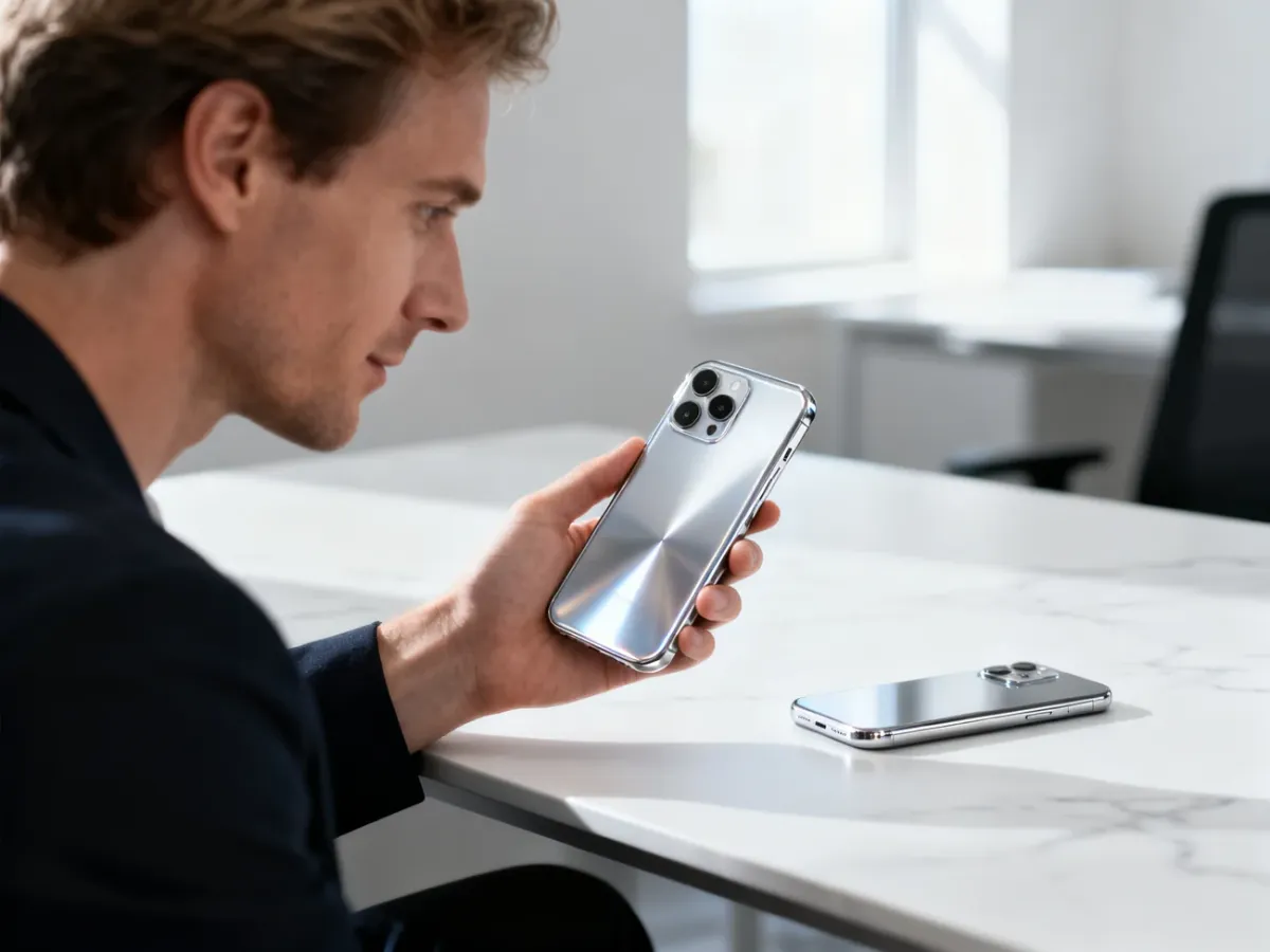 Nowoczesny smartfon z błyszczącą obudową trzymany w dłoni na tle jasnego, profesjonalnego biura.