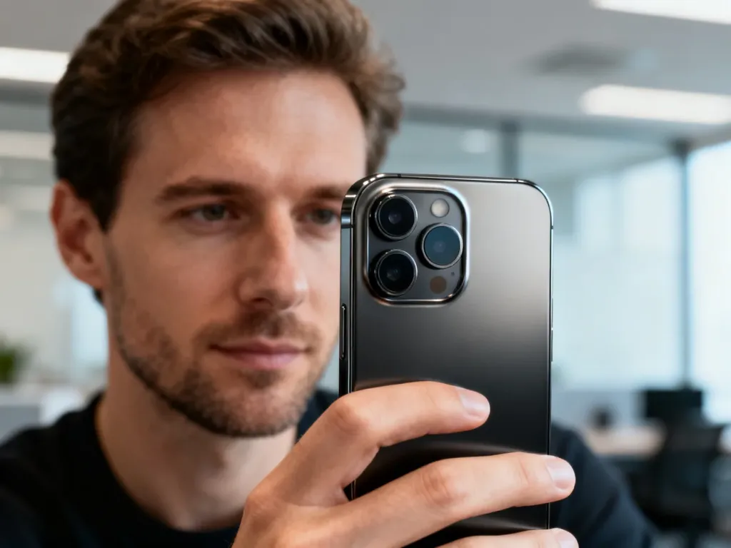 Mężczyzna trzymający iPhone'a 15 Pro Max z tytanową obudową, ze zbliżeniem na zaawansowany system trzech obiektywów aparatu.