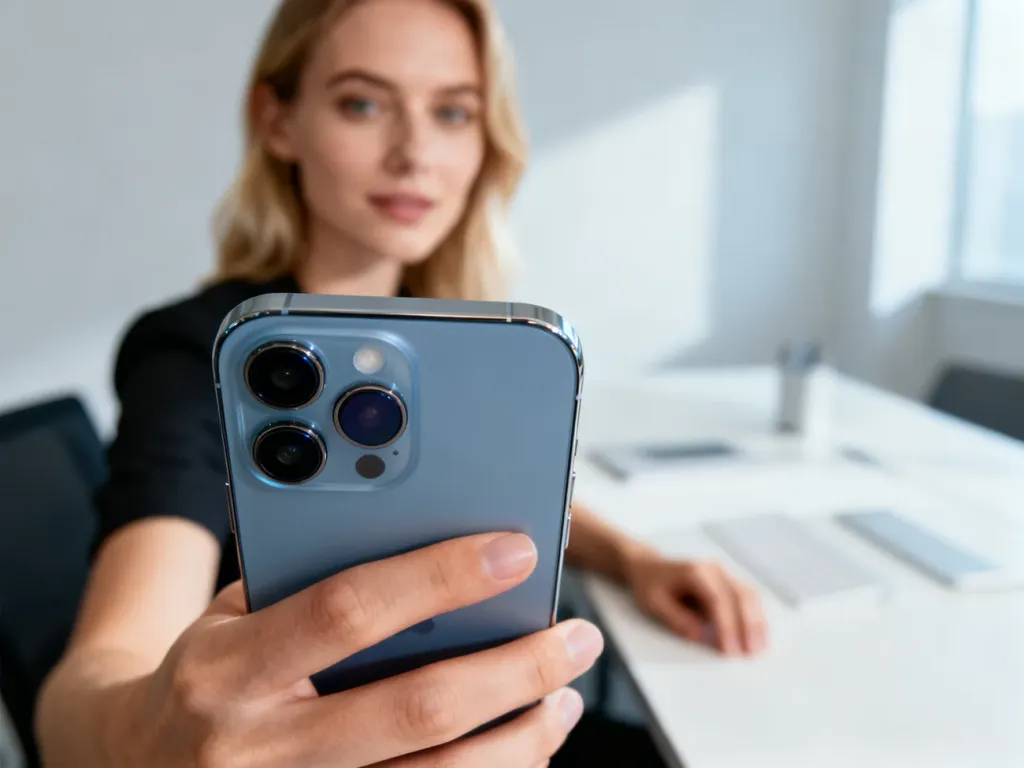 Kobieta trzymająca w dłoni nowoczesny smartfon Samsung Galaxy A54 5G z wyraźnie wyeksponowanymi obiektywami aparatu.