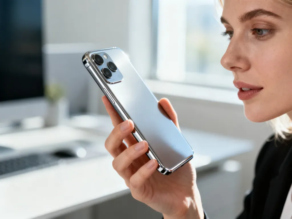 Elegancki smartfon z metalicznym wykończeniem trzymany w dłoni na tle nowoczesnego biura.