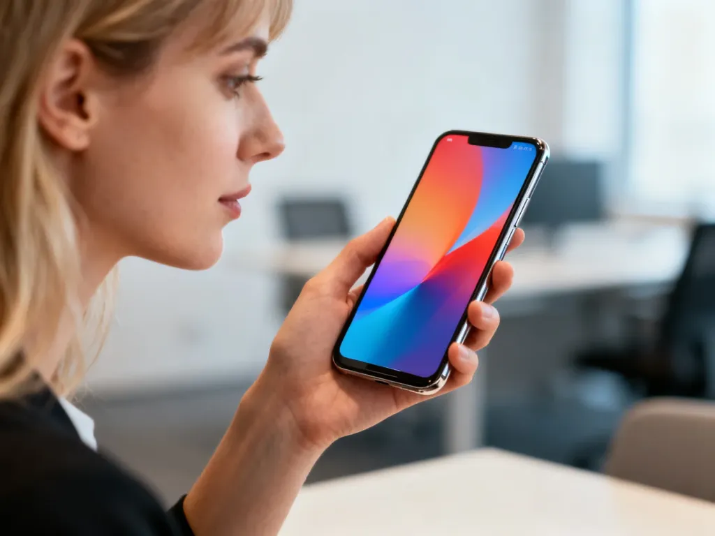 Kobieta trzymająca w dłoni nowoczesny smartfon Samsung Galaxy S23 z wyraźnym, wysokiej jakości ekranem w biurowym otoczeniu.