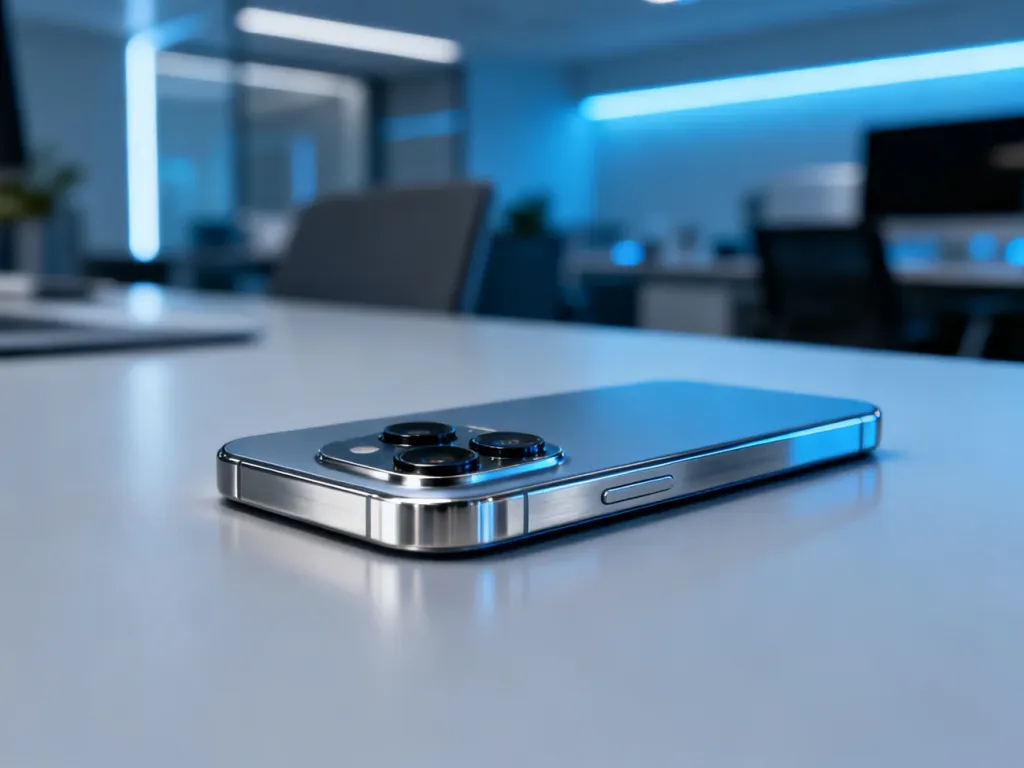 Nowoczesny smartfon z tytanową obudową i zaawansowanym modułem aparatu leżący na minimalistycznym biurku.