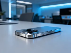 Mężczyzna trzymający w dłoni nowoczesny smartfon Motorola g35 z kolorową grafiką na ekranie w jasnym biurze.