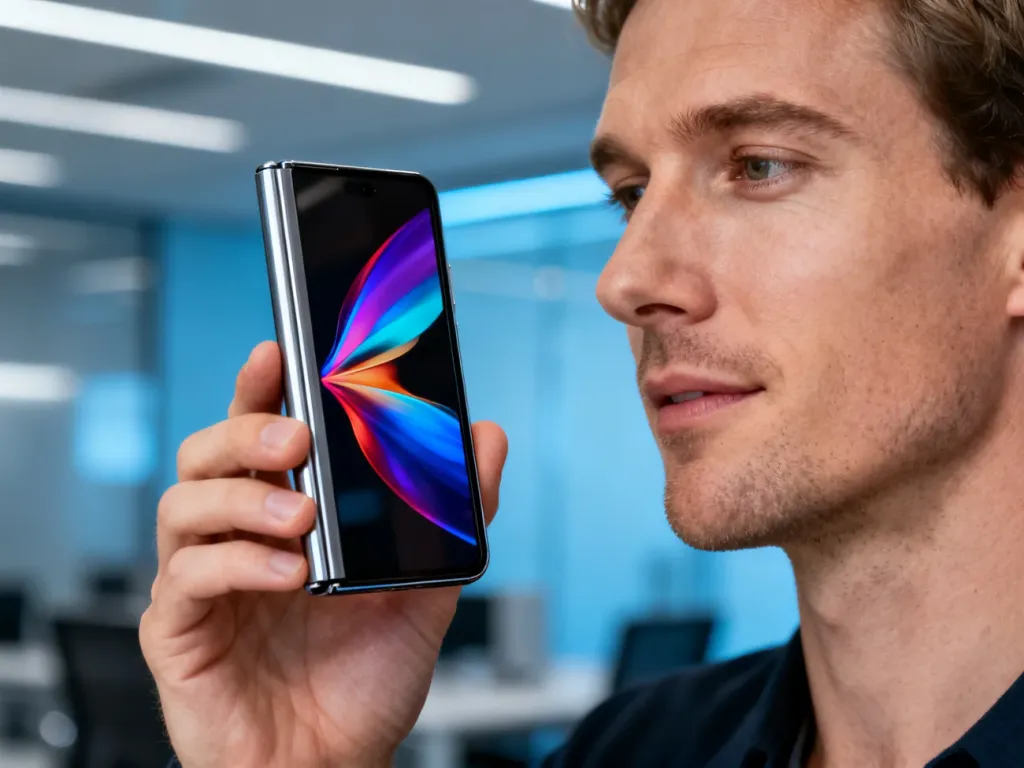 Nowoczesny, częściowo rozłożony smartfon składany z kolorowym ekranem, trzymany w dłoni w minimalistycznym biurze.