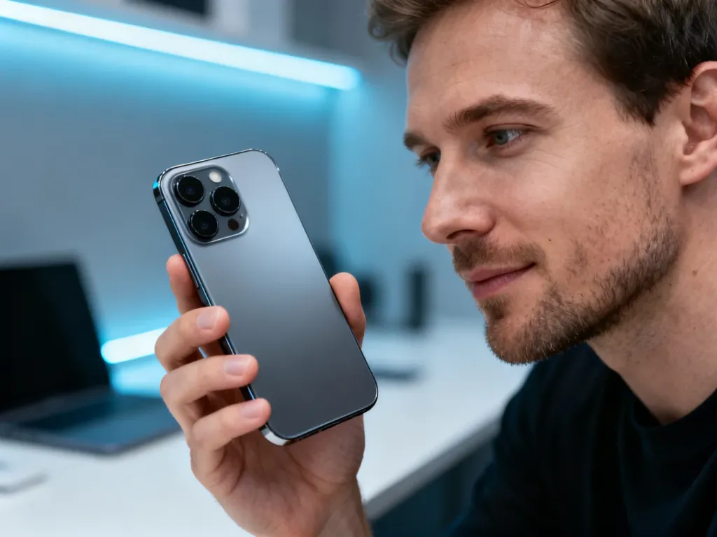 Mężczyzna trzymający w dłoni nowoczesny smartfon Xiaomi 13T Pro z wyeksponowanym modułem aparatu w profesjonalnym biurze.