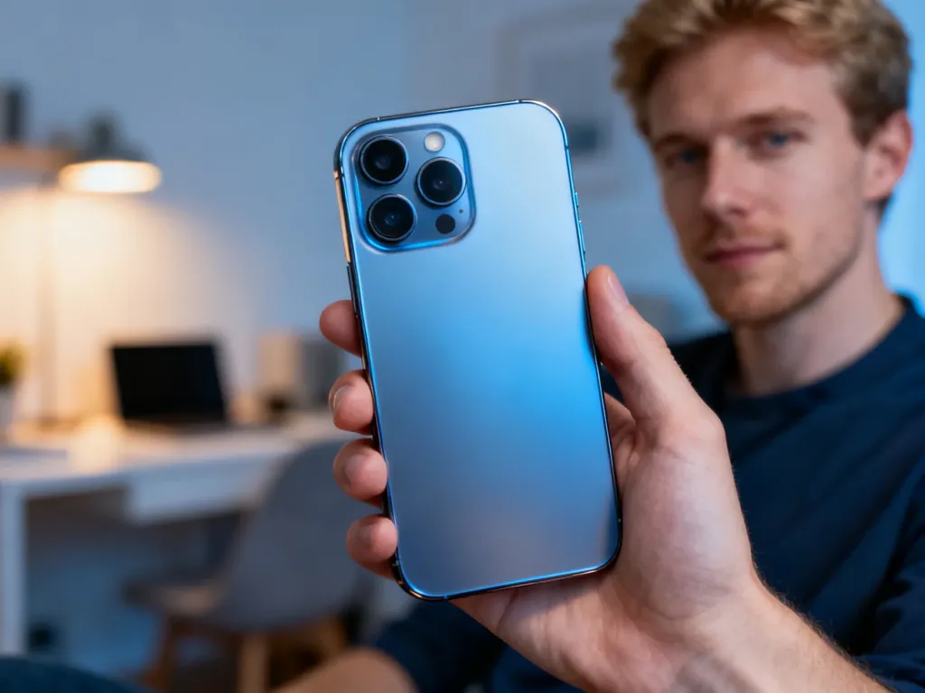Mężczyzna trzymający w dłoni nowoczesny smartfon Redmi 12 z widocznym potrójnym aparatem na tle minimalistycznego biura.